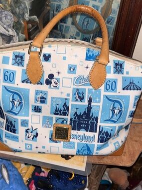 Dooney & Bourke Blue Patchwork Disney Satchel with Tan Trim